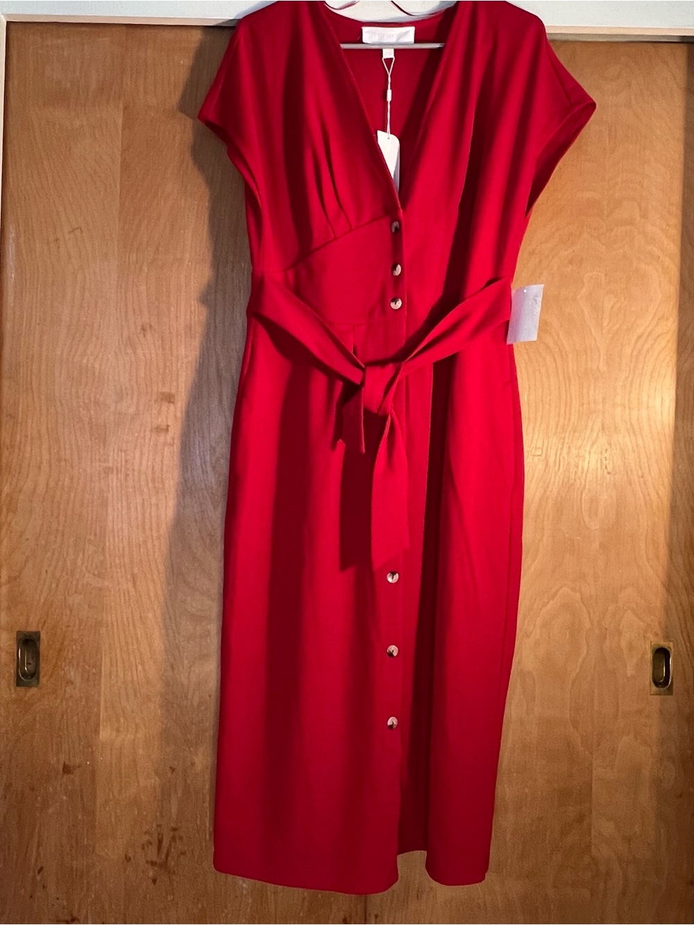 Red Button-Front Midi Dress with Tie Waist